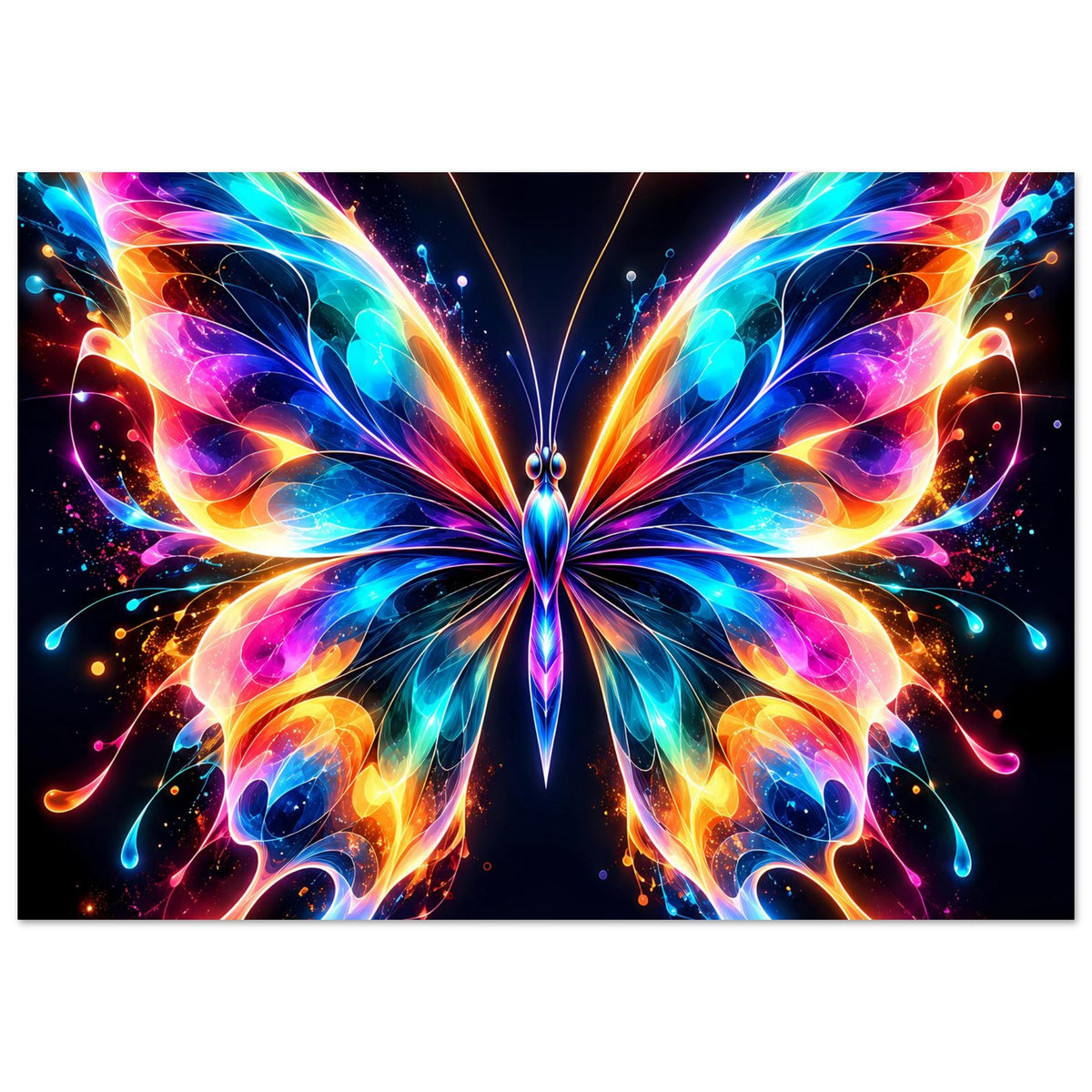 Neon-Schmetterling-Poster im Querformat, leuchtend bunte Flügel mit symmetrischem Design