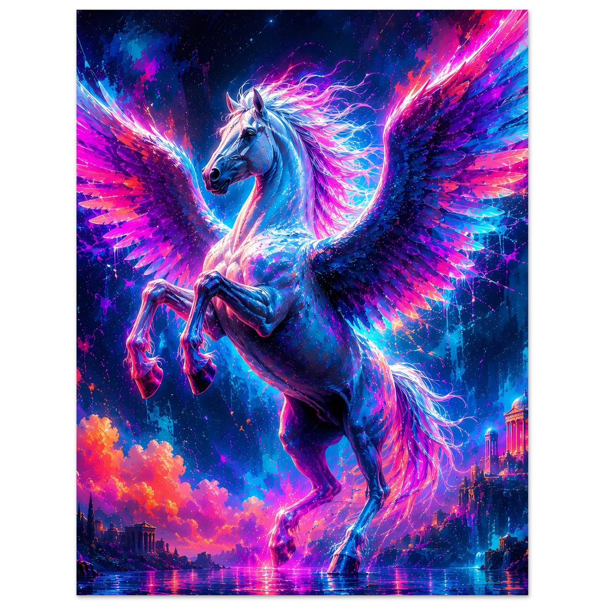 Leuchtendes Pegasus-Motivposter im Hochformat, Pegasus und Flügel in Neonblau