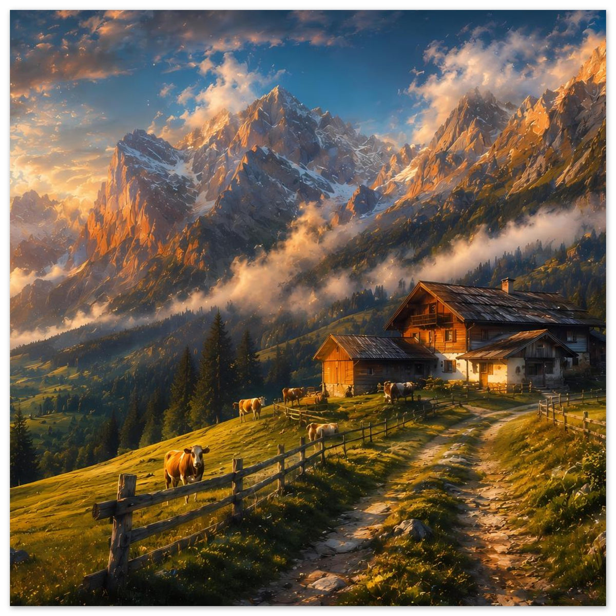 Horizontales Alpenhütten-Poster: Kühe auf der Weide, Holzhaus und Berggipfel im Dämmerlicht
