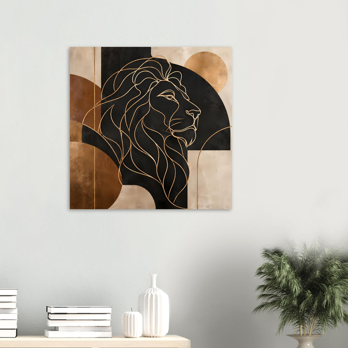 Löwen-Poster klein: geometrische Linien des Löwenkopfs in Gold und Bronze auf dunklem Grund