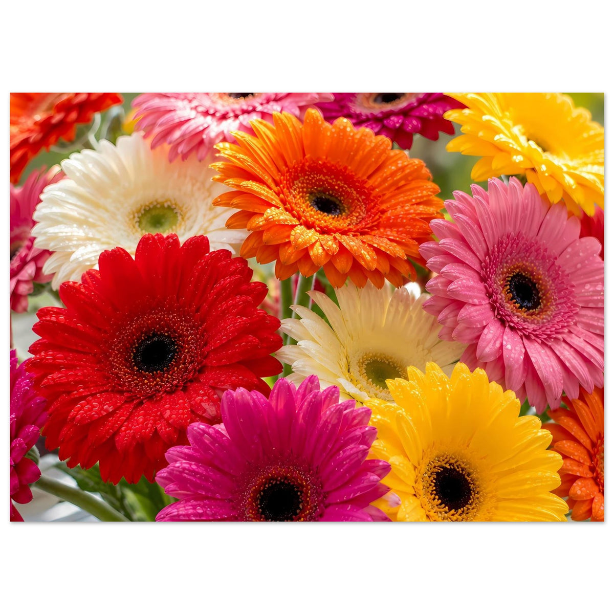 Poster mit dichtem Gerbera-Blütenarrangement, Rot, Pink, Orange, Gelb und Weiß