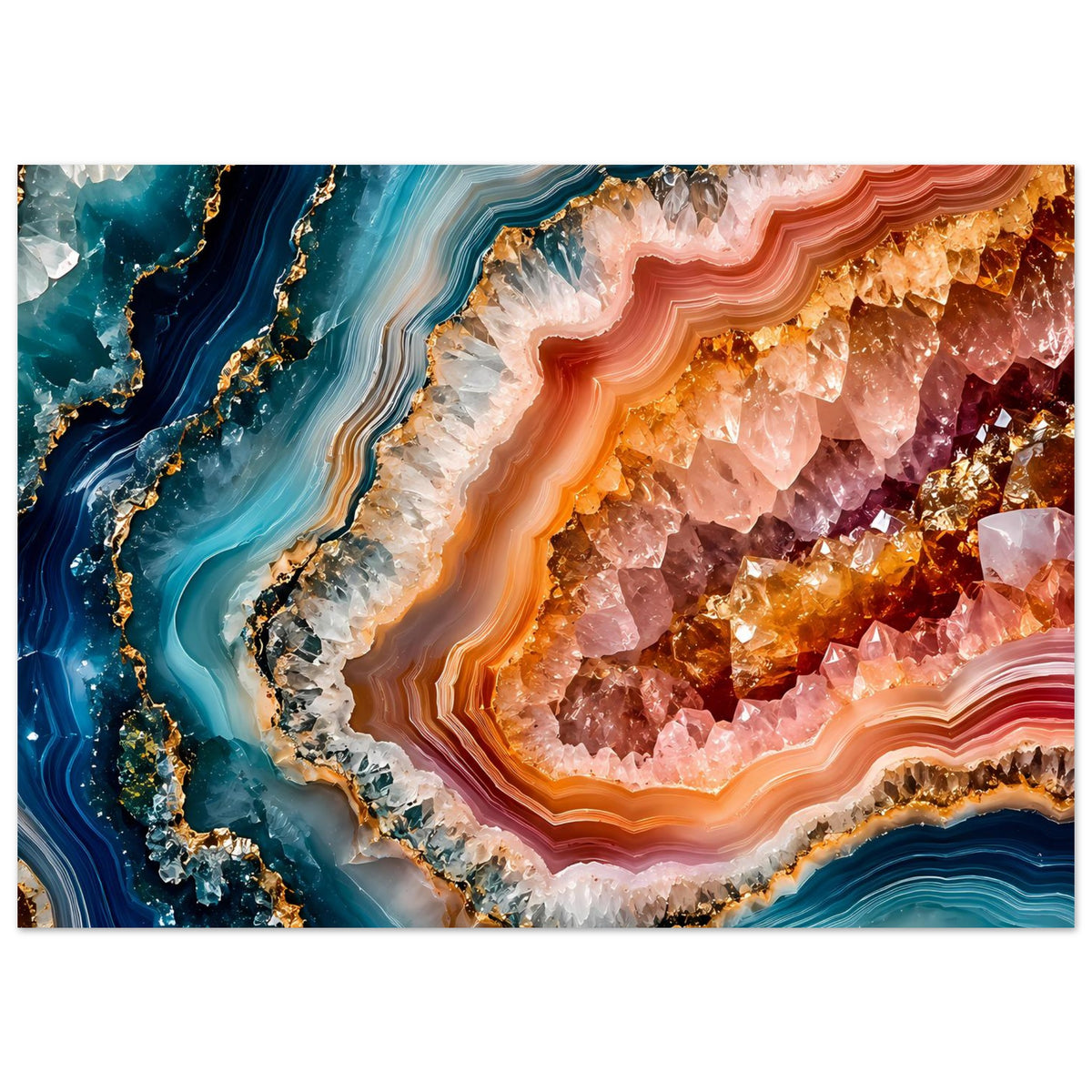 Poster mit großem Geodenmotiv: Blaugrün links, orange-rosa Kristallhöhle, Goldschimmer.