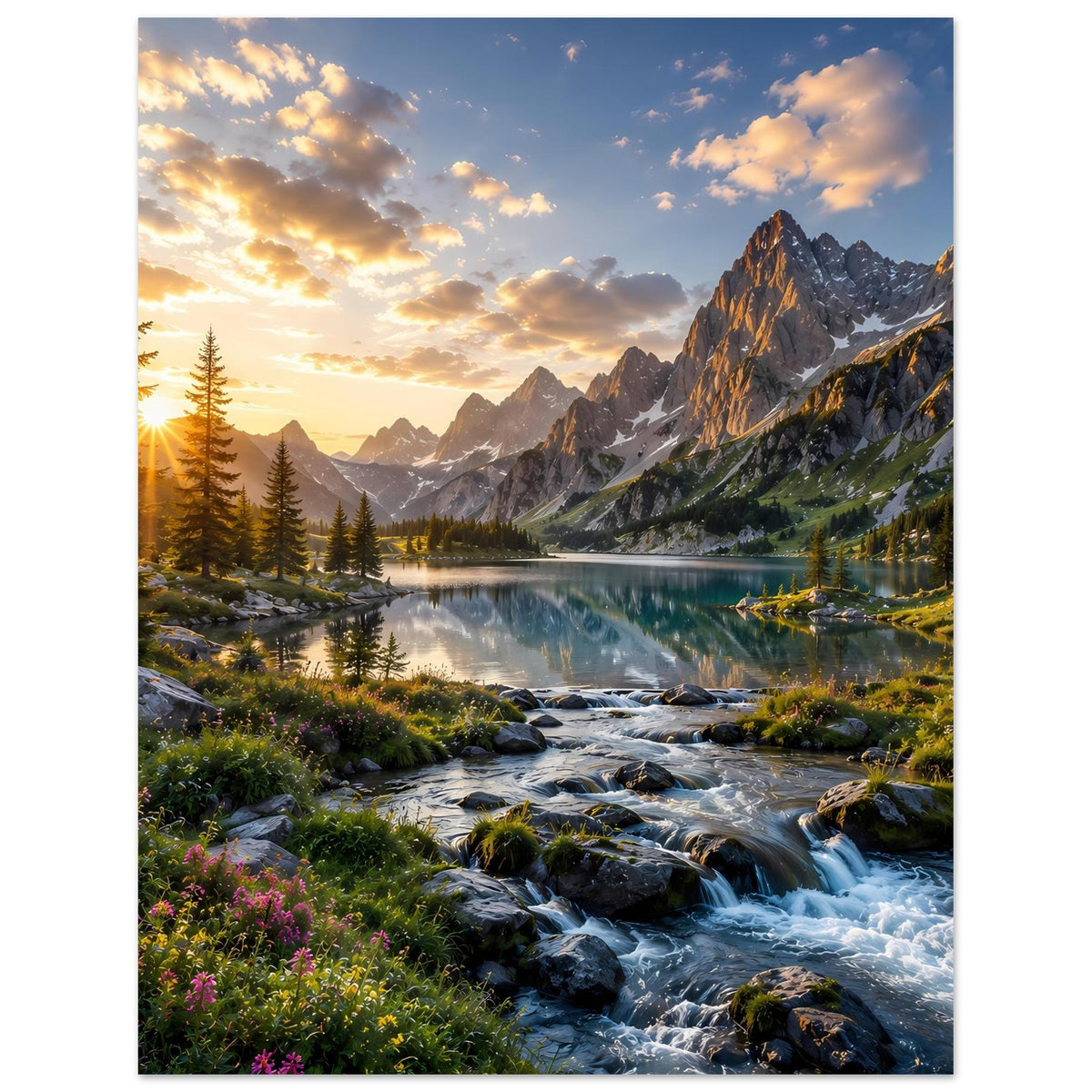 Poster mit Blick auf Berge und See im Sonnenlicht, dazu Tannen und klarer Fluss