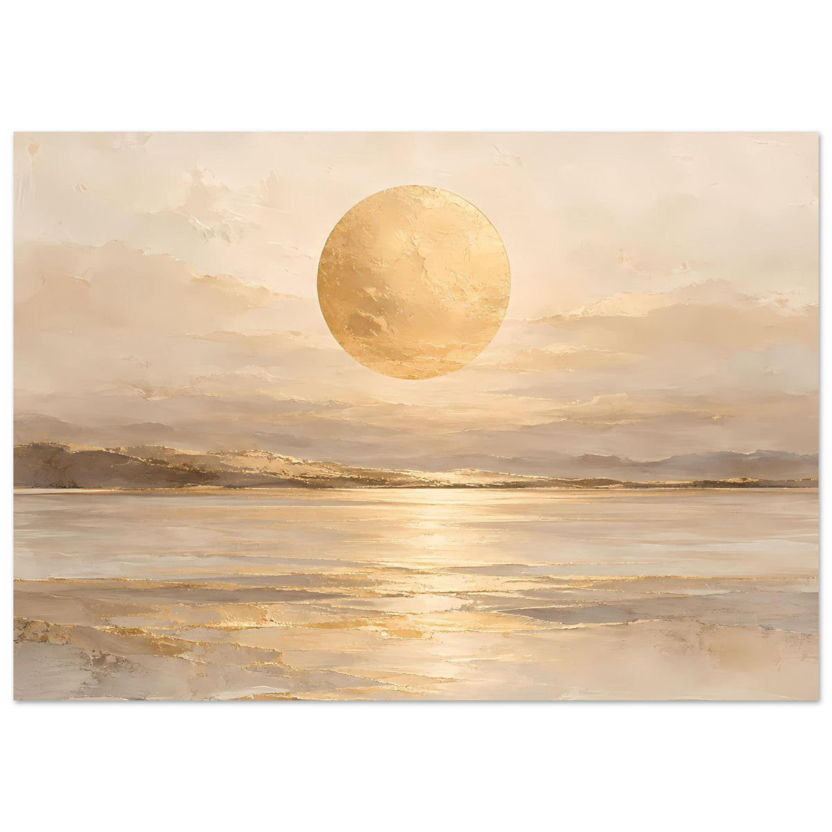 Kunstposter mit goldener Sonne über ruhigem Meer und sanften Wolken, beige