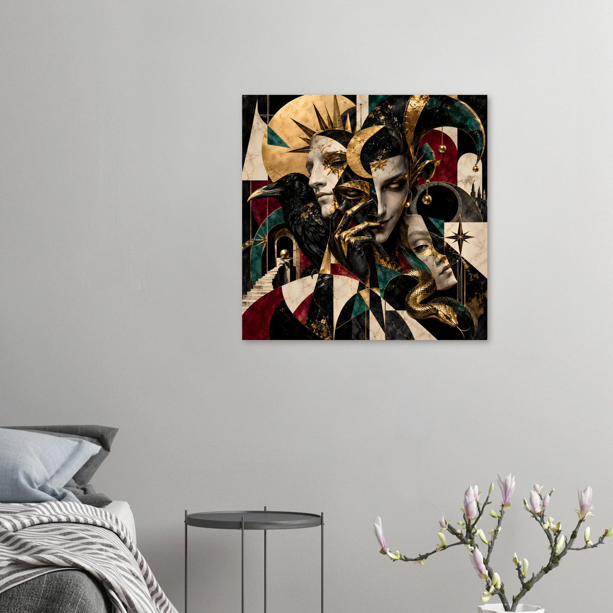 Wand- Kunstdruck-Poster mit kleinen Gesichtern, Rabe, Schlange und goldenen Akzenten