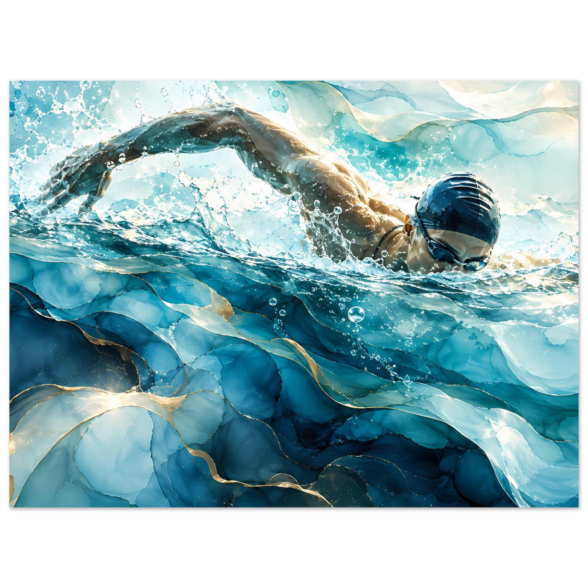 Schwimmer-Poster querformat in Blau: Schwimmer mit Ausstrecken, Blasen und Strömung
