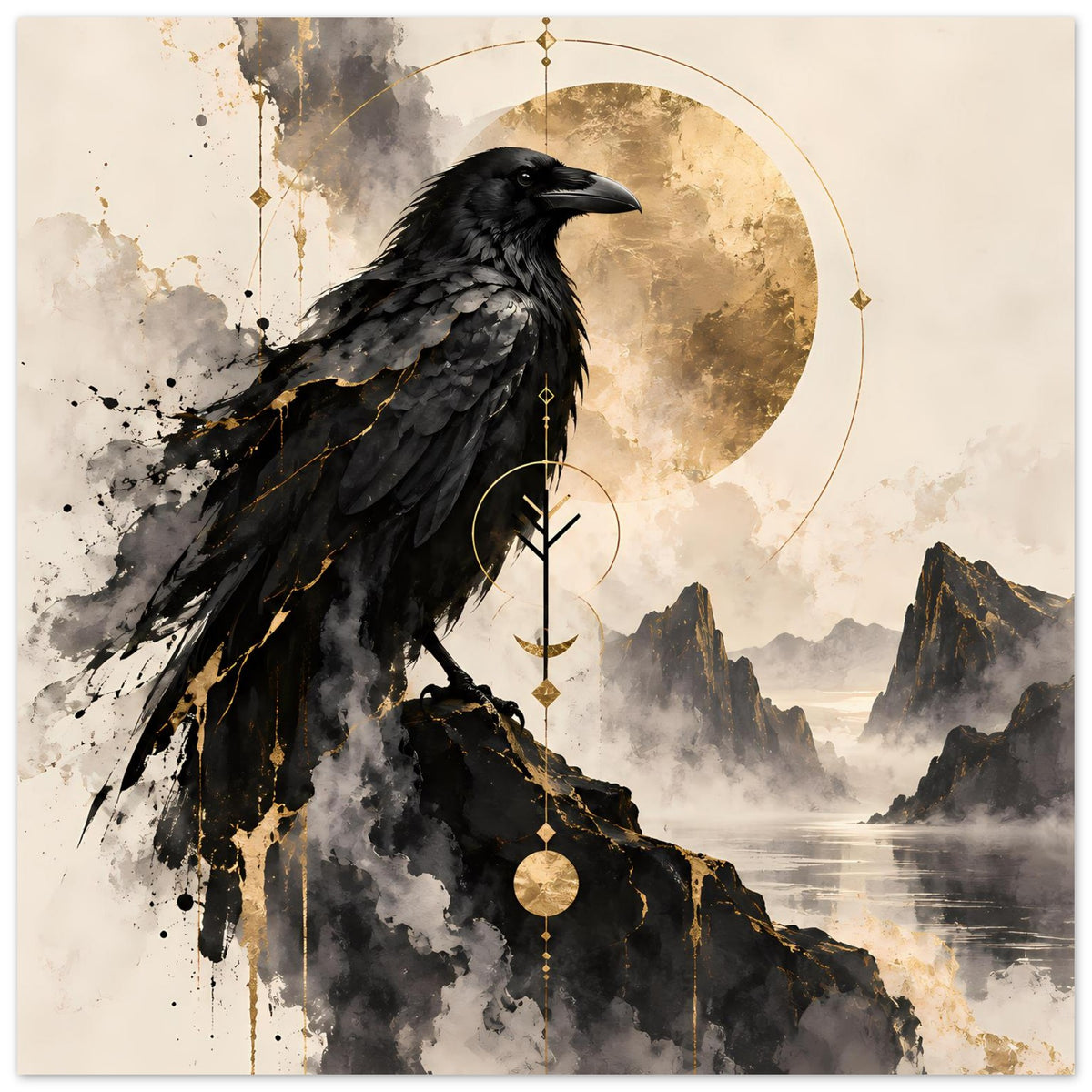Vogelkunst-Poster mit schwarzem Raben, goldener Kreisornamentik und Landschaftsmist-Optik