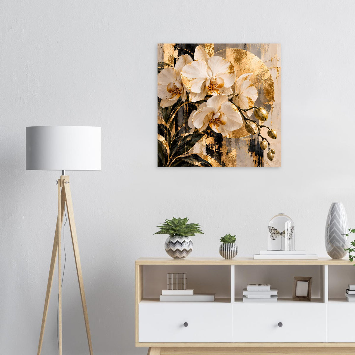Quadratischer Orchideen-Poster mit goldenem Kreis und beigen Blüten, matt