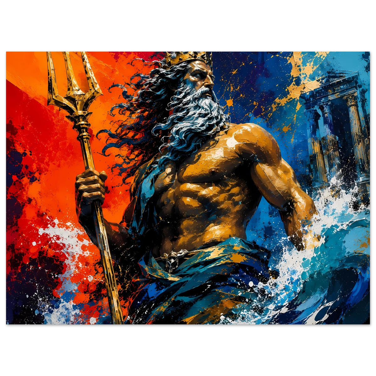 Kunstposter im Querformat: Neptun hält den Dreizack; blau-orange Kunstspritzer und Wellenform.