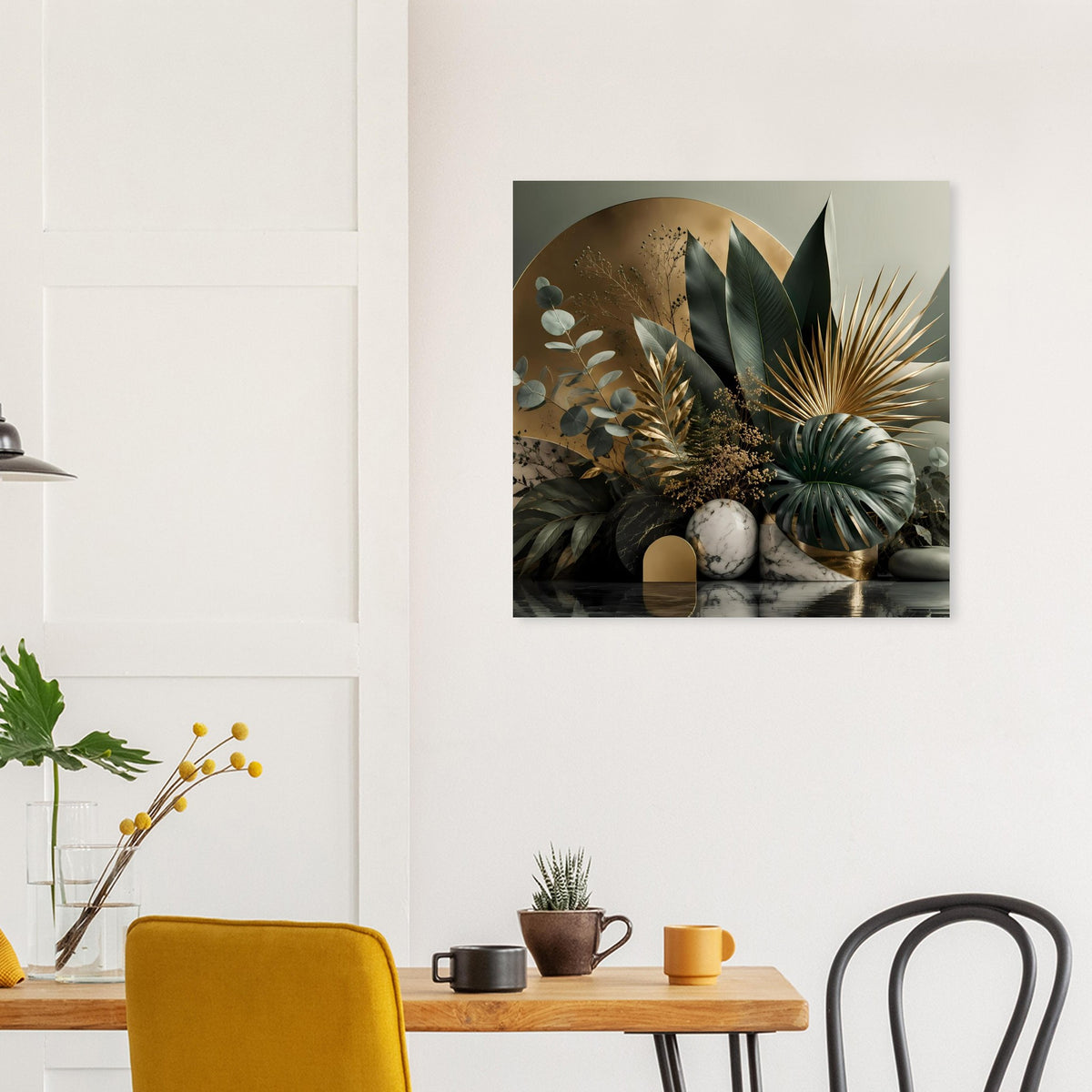 Botanisches Poster mit tropischem Laub, gold- und marmorfarbenen Steinen, rechteckig