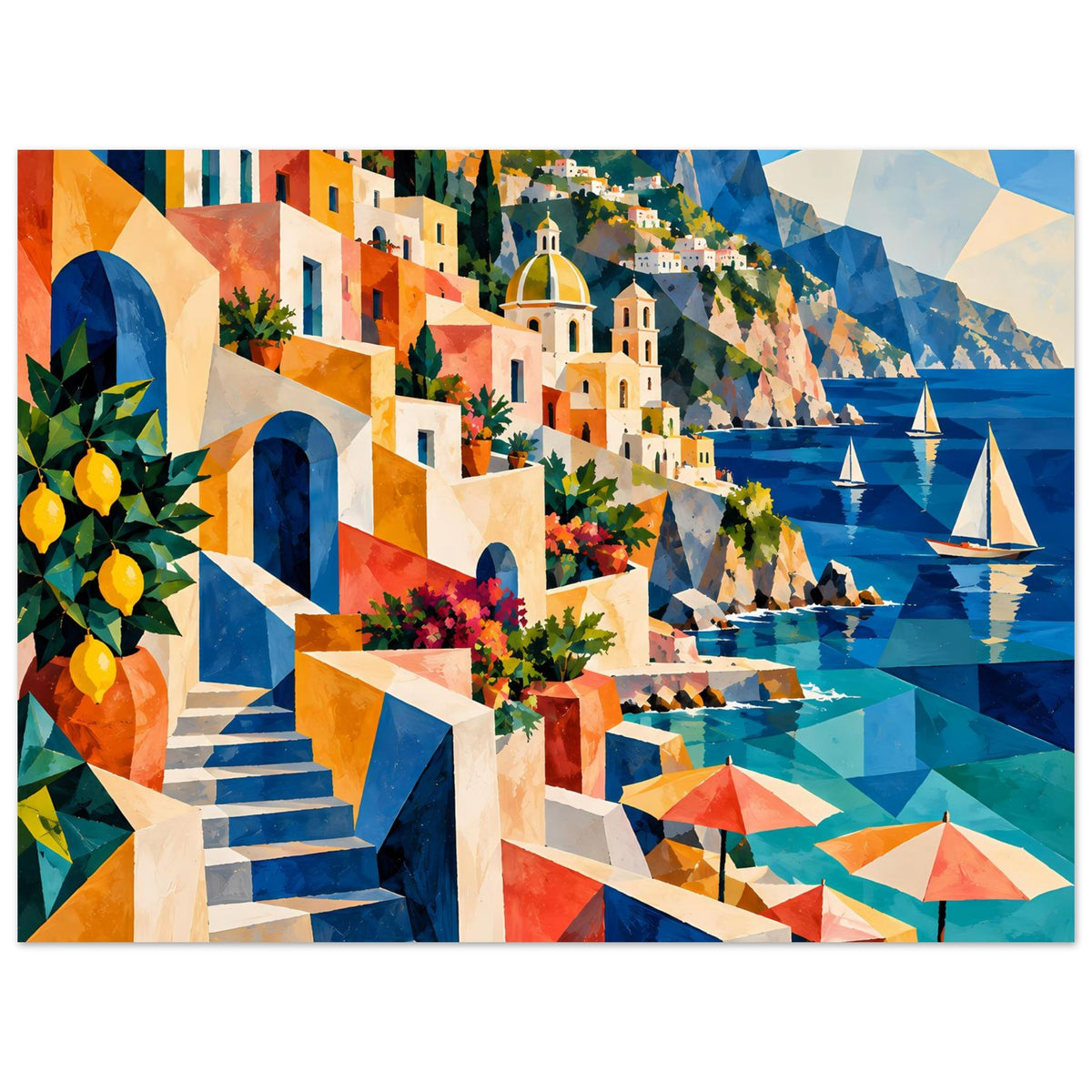Mediterranes Küstenkunstposter querformat, Treppe, Häuser, Meer mit Sonnenschirmen