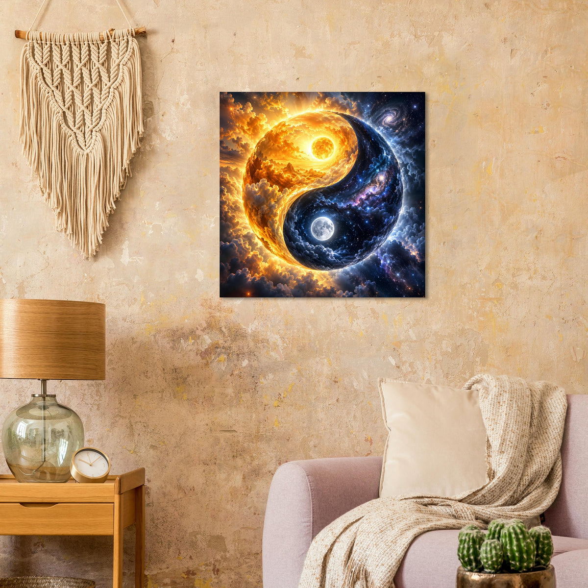 Cosmos-Yin-Yang-Poster auf Wand, gold-blauer Yin-und-Yang-Planetenwirbel mit Mond