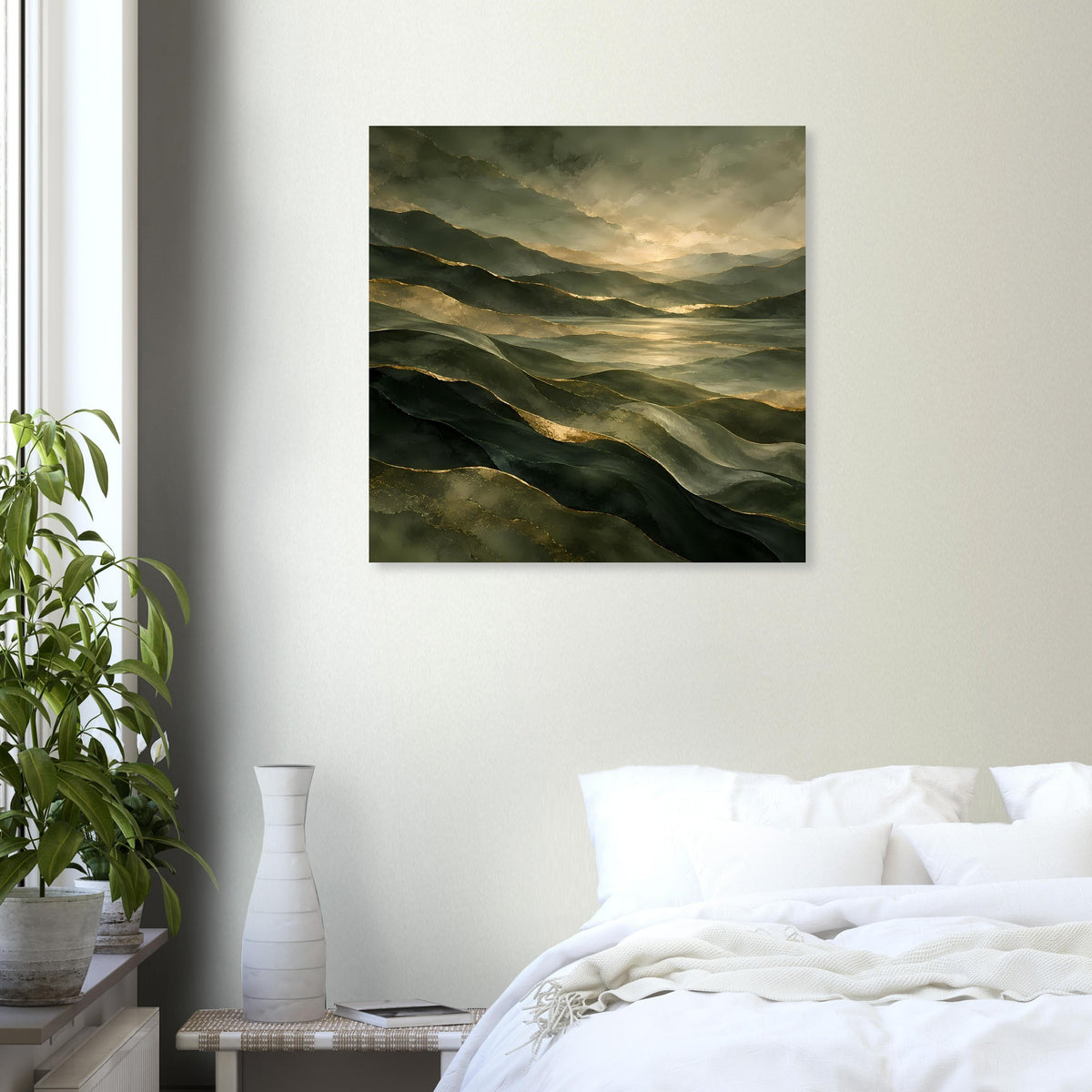 Landschafts-Poster mit grünen Hügeln und goldener Dämmerung, quadratischer Rahmen