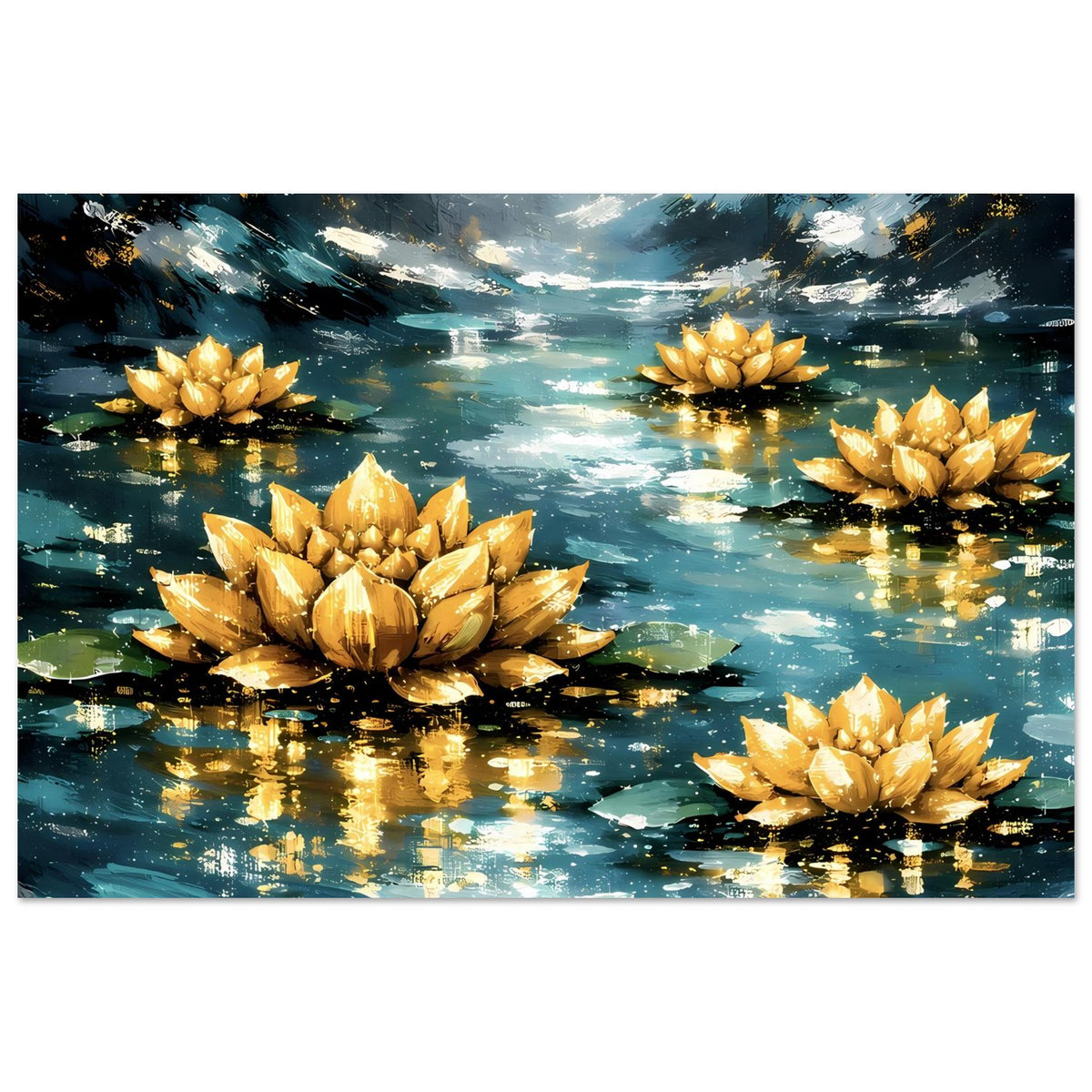 Querformat-Poster mit mehreren goldenen Lotusblüten auf ruhiger Wasseroberfläche