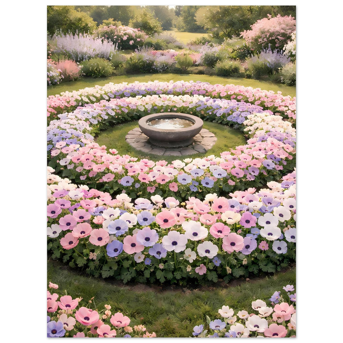 Poster mit rundem Blumenbeet aus Pastellblüten und Schale inmitten der Blumen