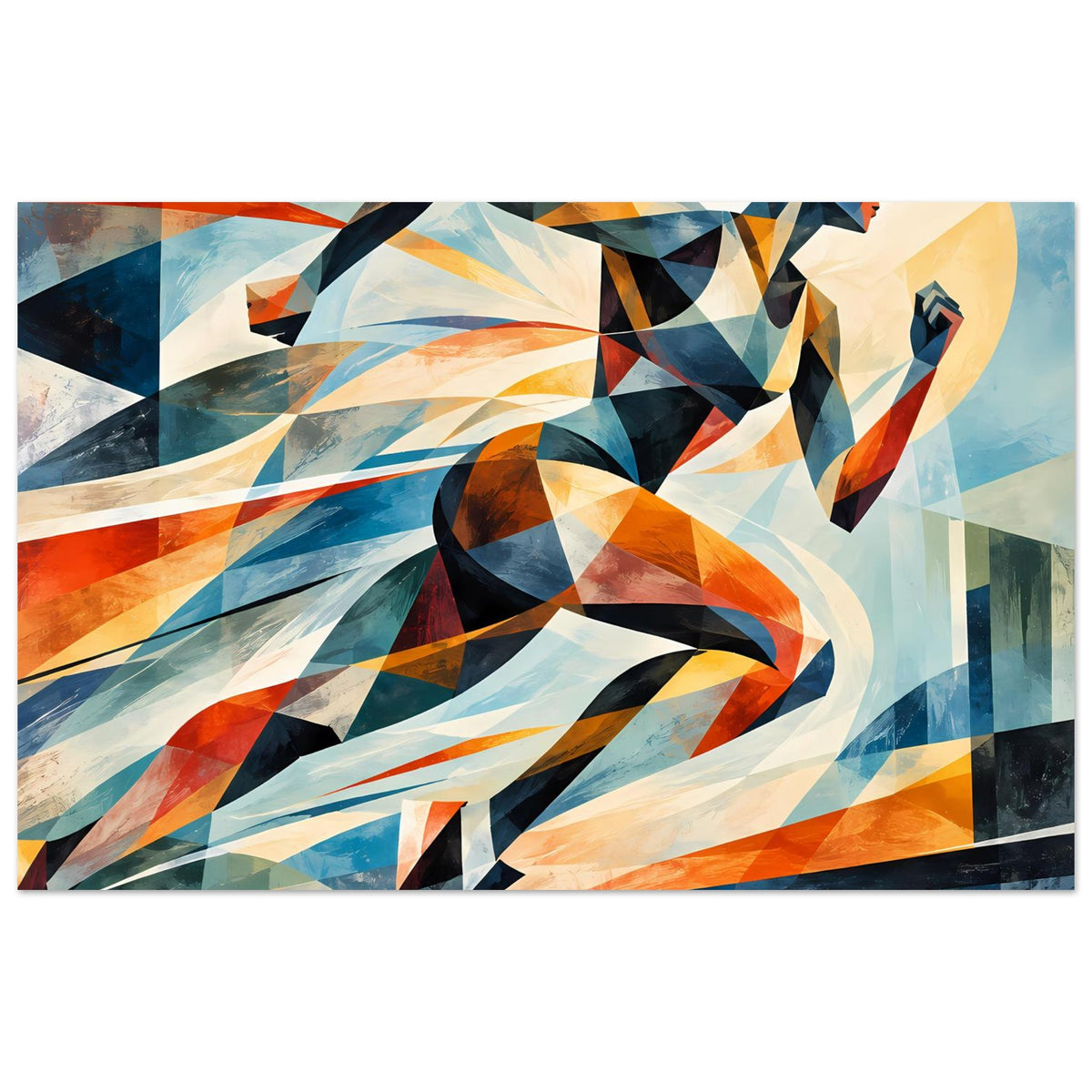 Abstraktes Poster (Querformat) mit abstrakter Läuferfigur in Blau, Orange und dunklen Akzenten