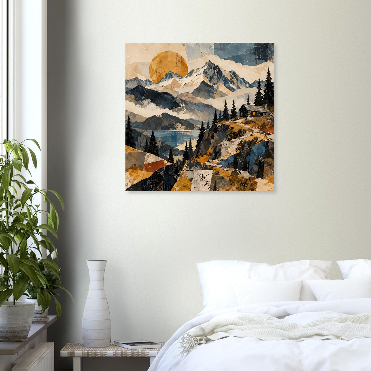 Gerahmtes Naturposter mit Bergpanorama und Tannenwald, mehrfarbig