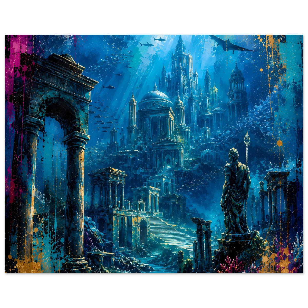 Poster mit blauem Ozeanmotiv: Atlantis mit leuchtenden Türmen, Säulen und Statue