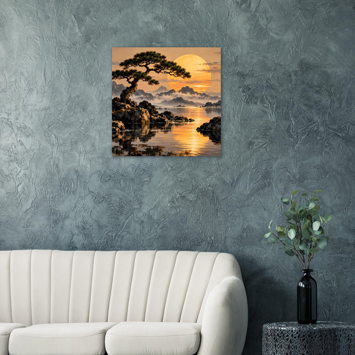 Landschaftsposter mit Baum über Wasser, goldene Sonne und Wolkenhimmel