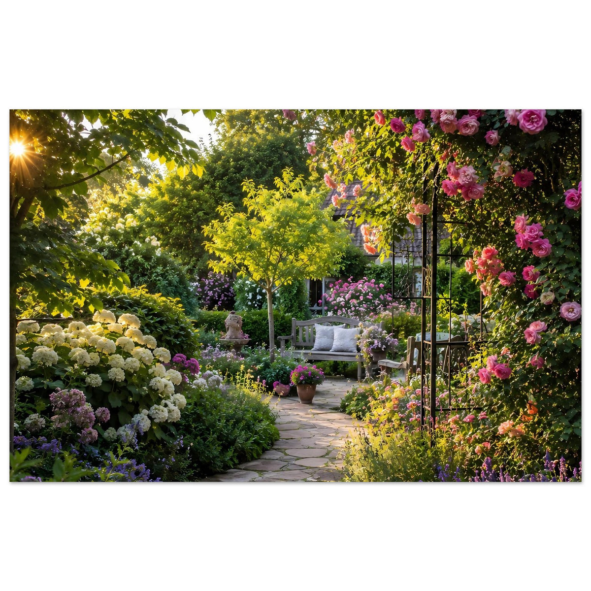 Blumenposter mit Gartenweg, dichten Blütensträuchern und Rosen in kräftigen Farben