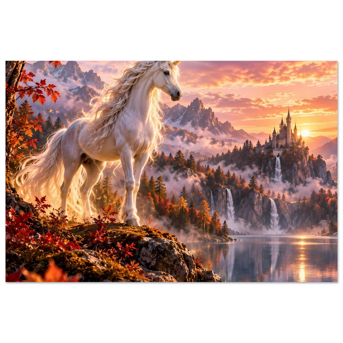 Einhorn-Fantasy-Poster (Querformat) mit weißem Einhorn über Felsen, See und Schloss