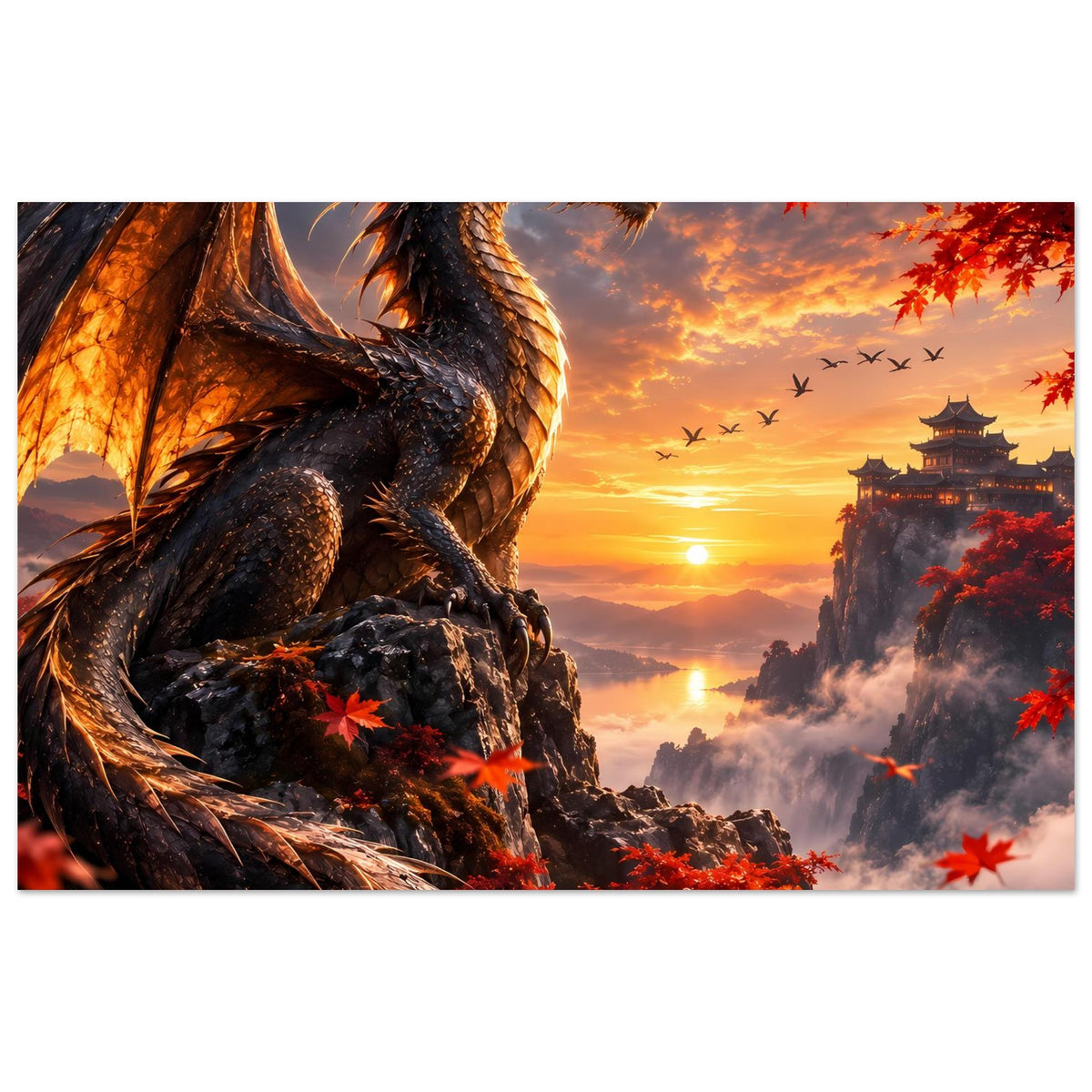Horizontales Drachenposter: Drache links, Felsen, rote Blätter und Tempelturm im Abendlicht