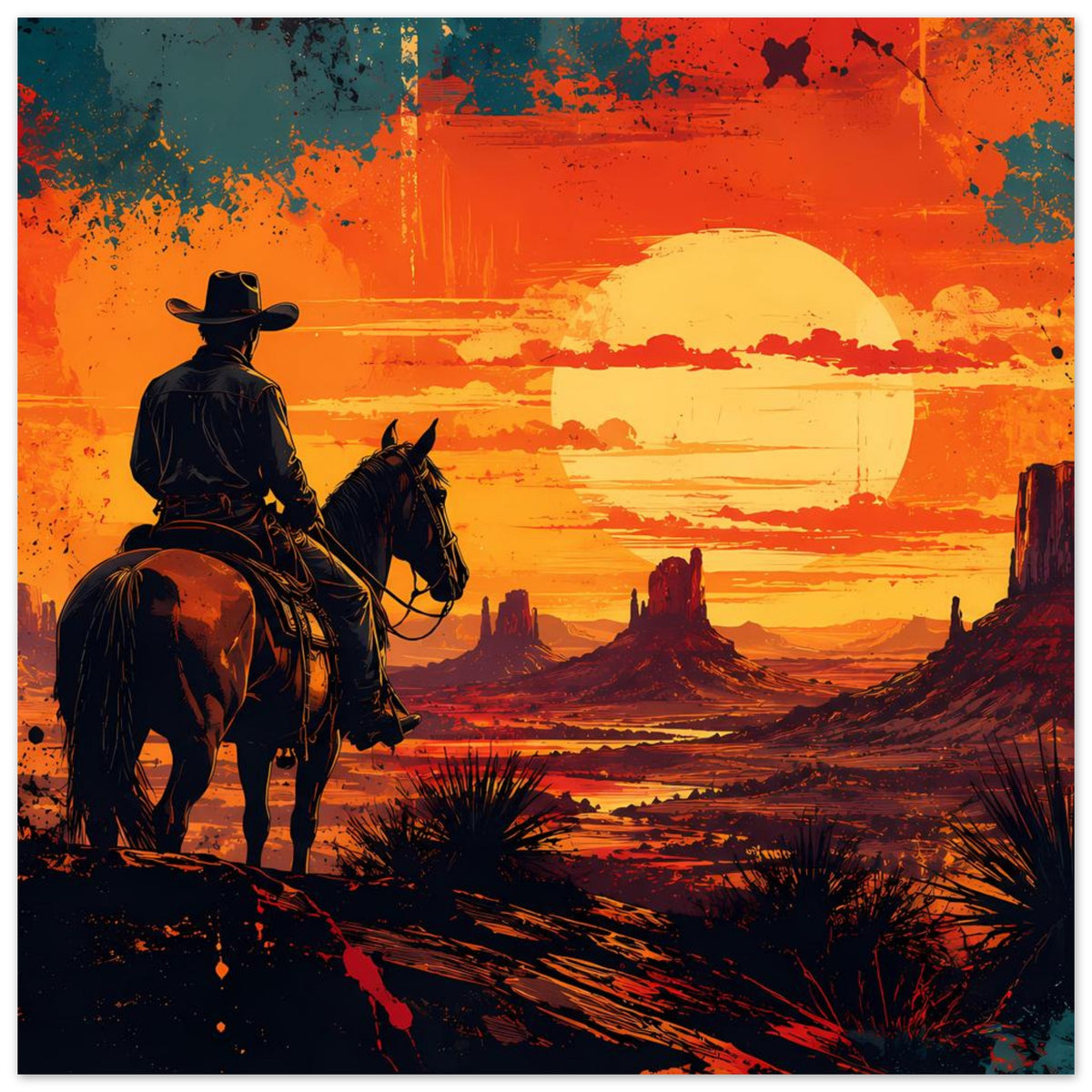 Cowboy-Poster mit Reiter auf Pferd, große gelbe Sonne, Mesa-Landschaft in Orange.