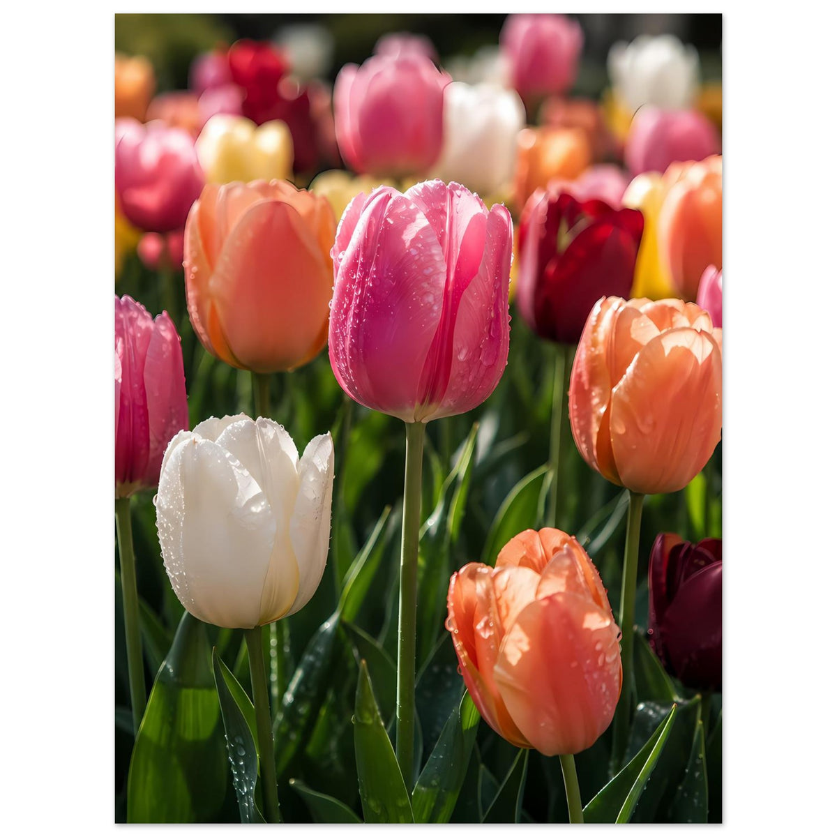 Tulpenblumen-Poster im Hochformat mit pinken, orangefarbenen und weißen Blüten