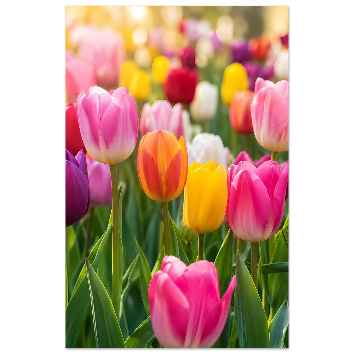 Tulpen-Blumenposter im Hochformat: pinke, violette und gelb-orange Blüten mit grünen Stielen