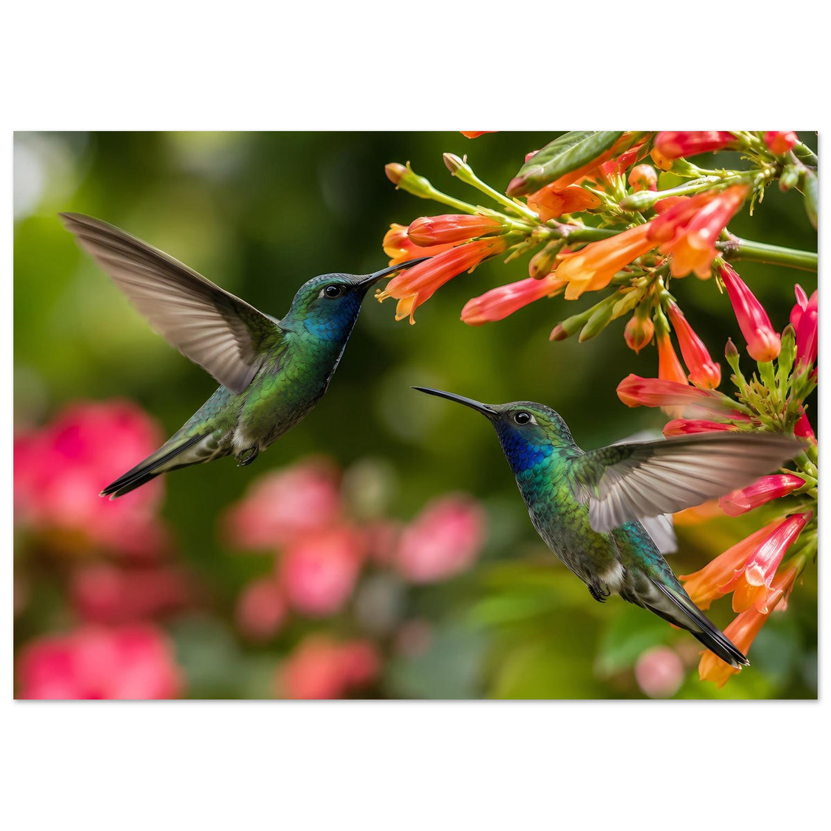 Horizontales mattes Poster: zwei Kolibris im Flug an roten Blütenrispen