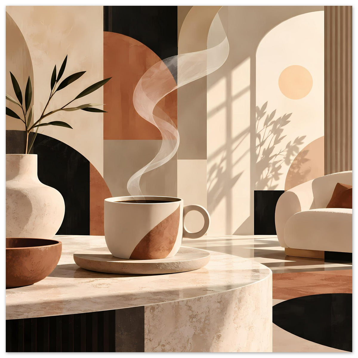 Poster in warmen Erdtönen: Tasse auf Marmortisch, Vase links, Sofa und Schattenformen rechts