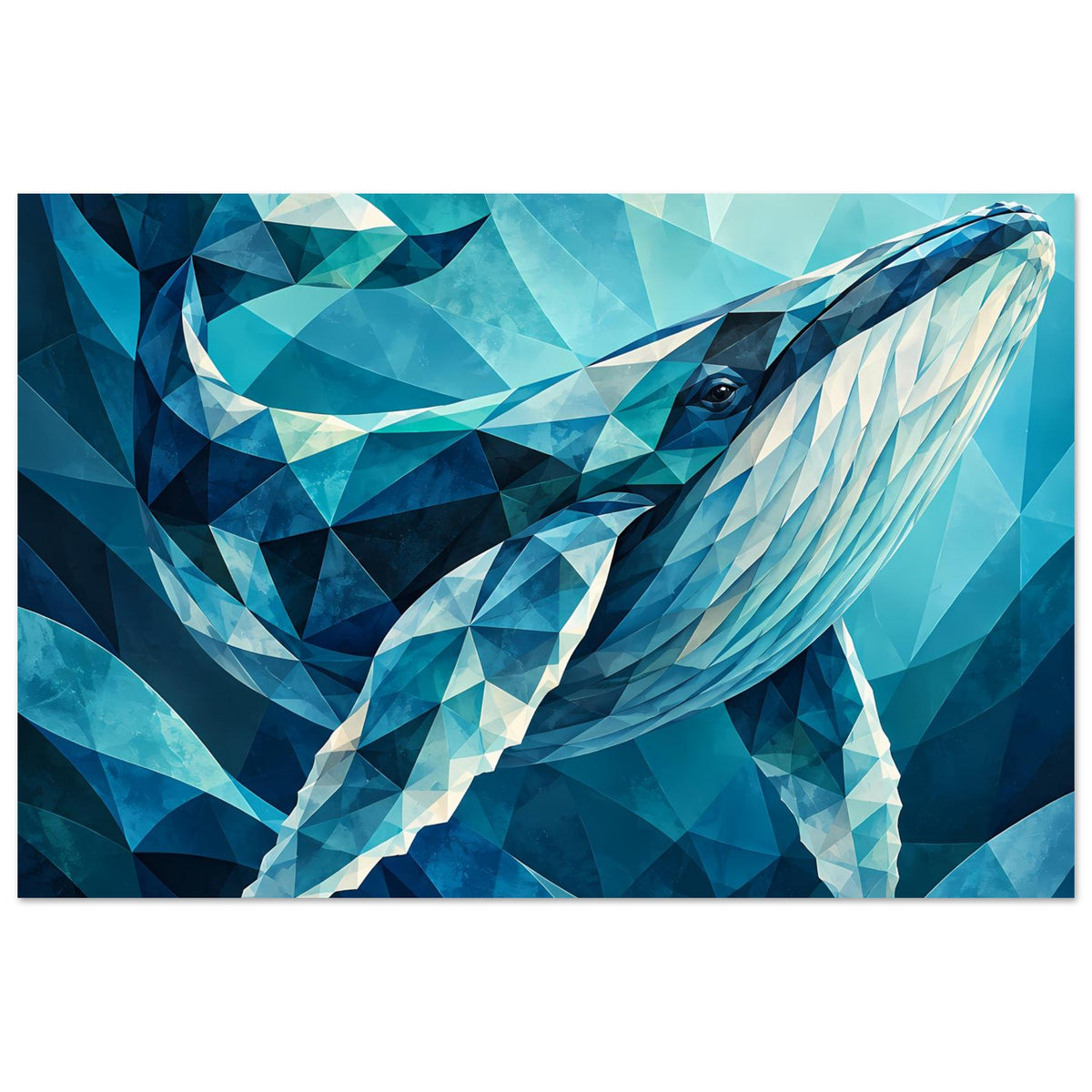 Geometrisches Wal-Poster mit Blauwal im Polygonstil, detaillierte Augenpartie und Schwanz