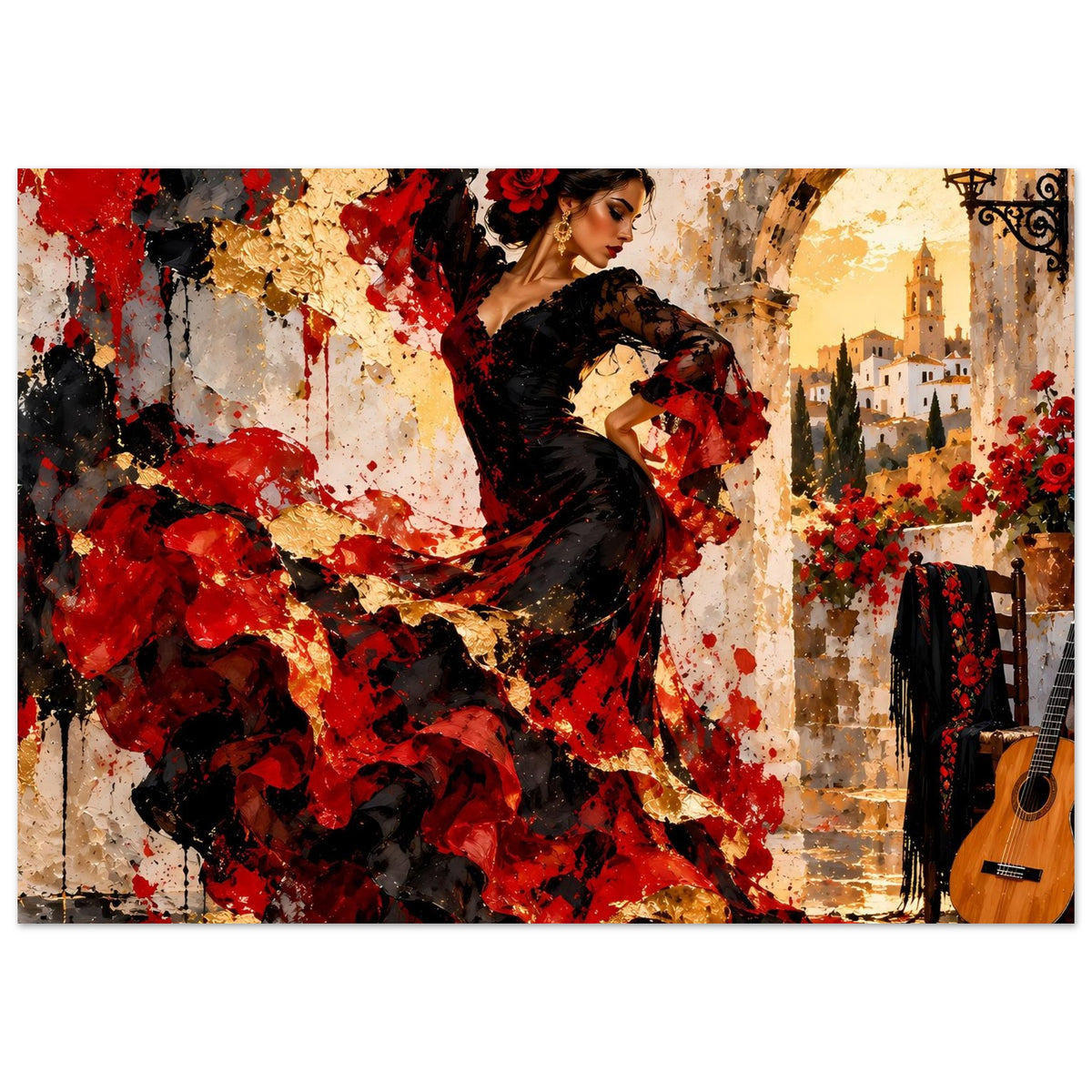 Poster mit Flamenco-Tänzerin in schwarzem Kleid und roten Spritzmustern vor Stadtansicht