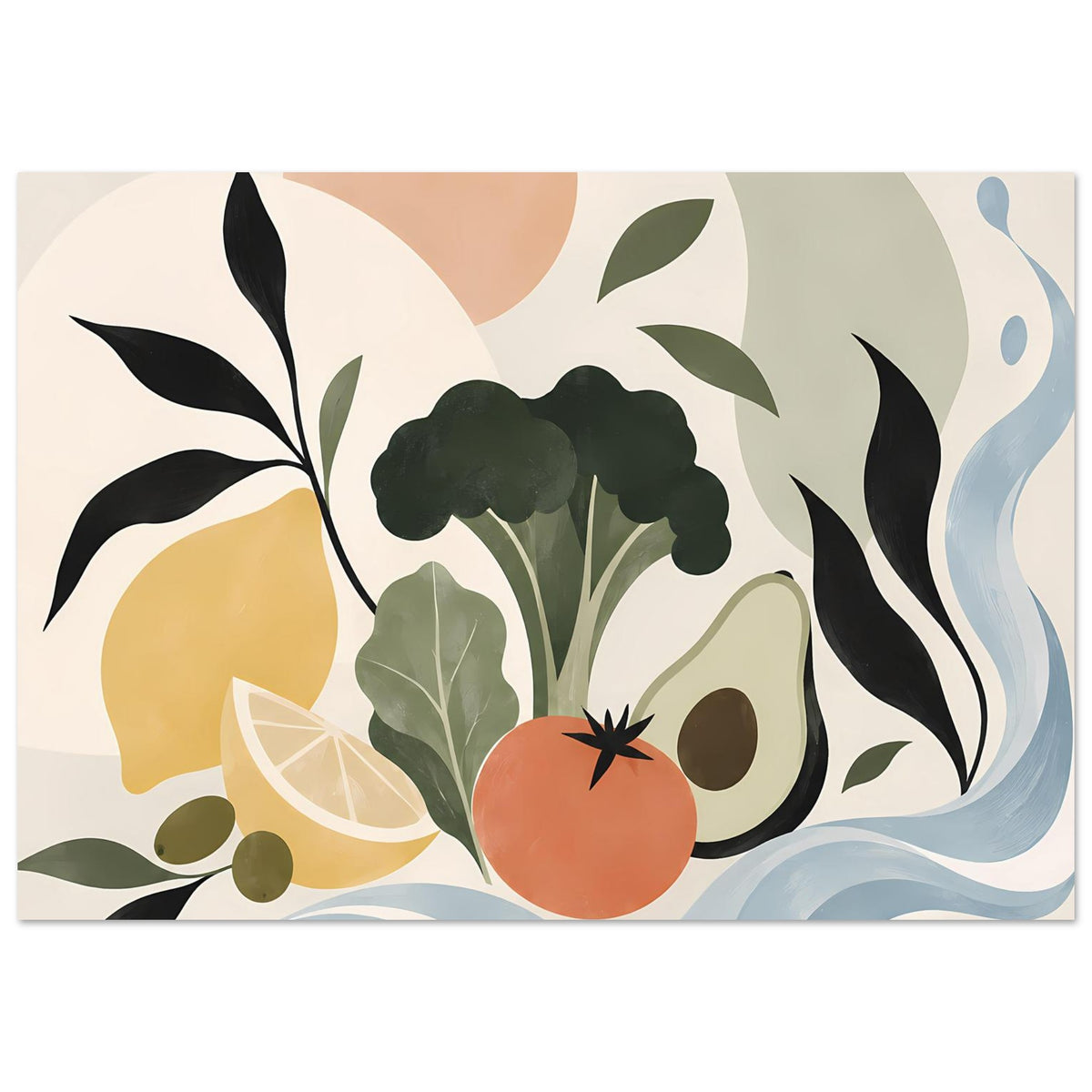 Botanisches Poster im Rahmen mit schwarzen Blattformen, grünen Blättern und orangefarbener Frucht
