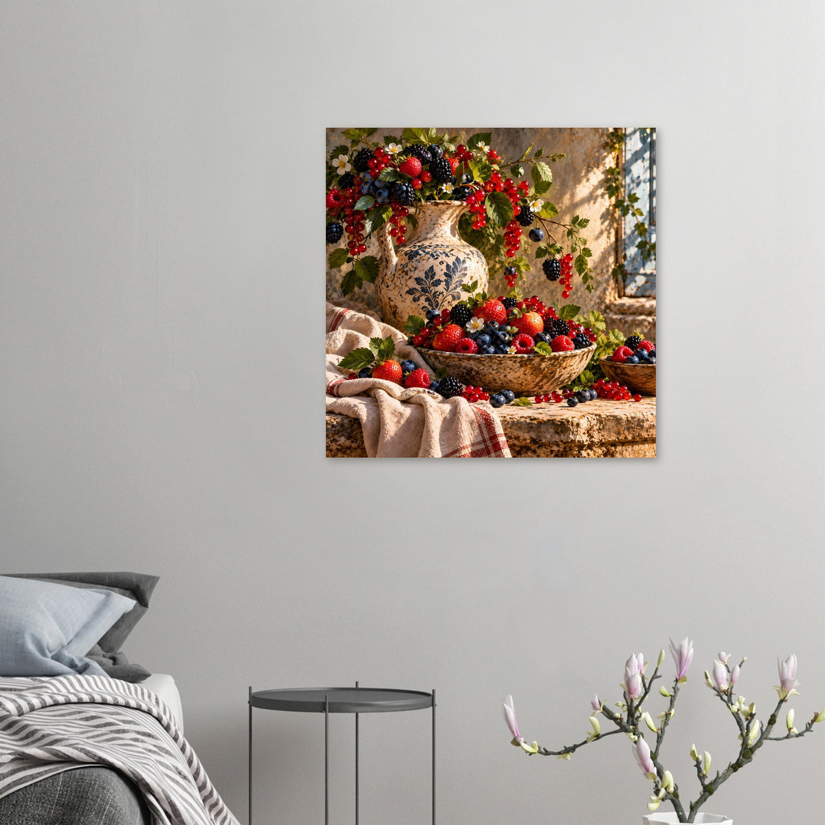 Kleines Beeren-Stillleben-Poster mit Vase und Schüssel voller Erdbeeren, Blaubeeren und Beerenmix