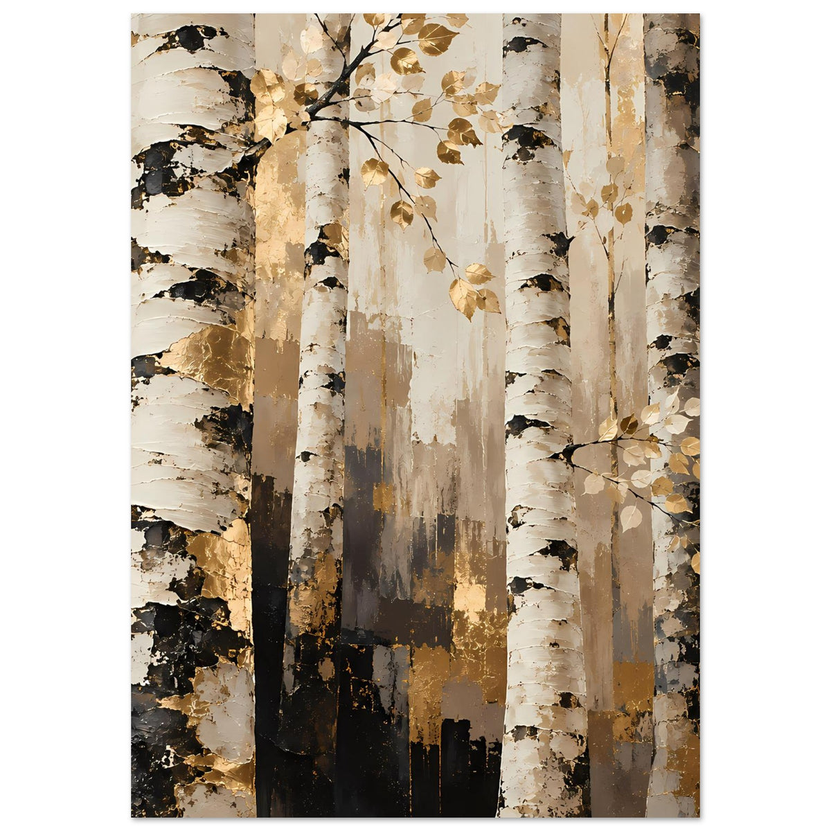 Schmales Naturposter mit Birkenstämmen, goldene Zweige und Blätter vor warmen Brauntönen