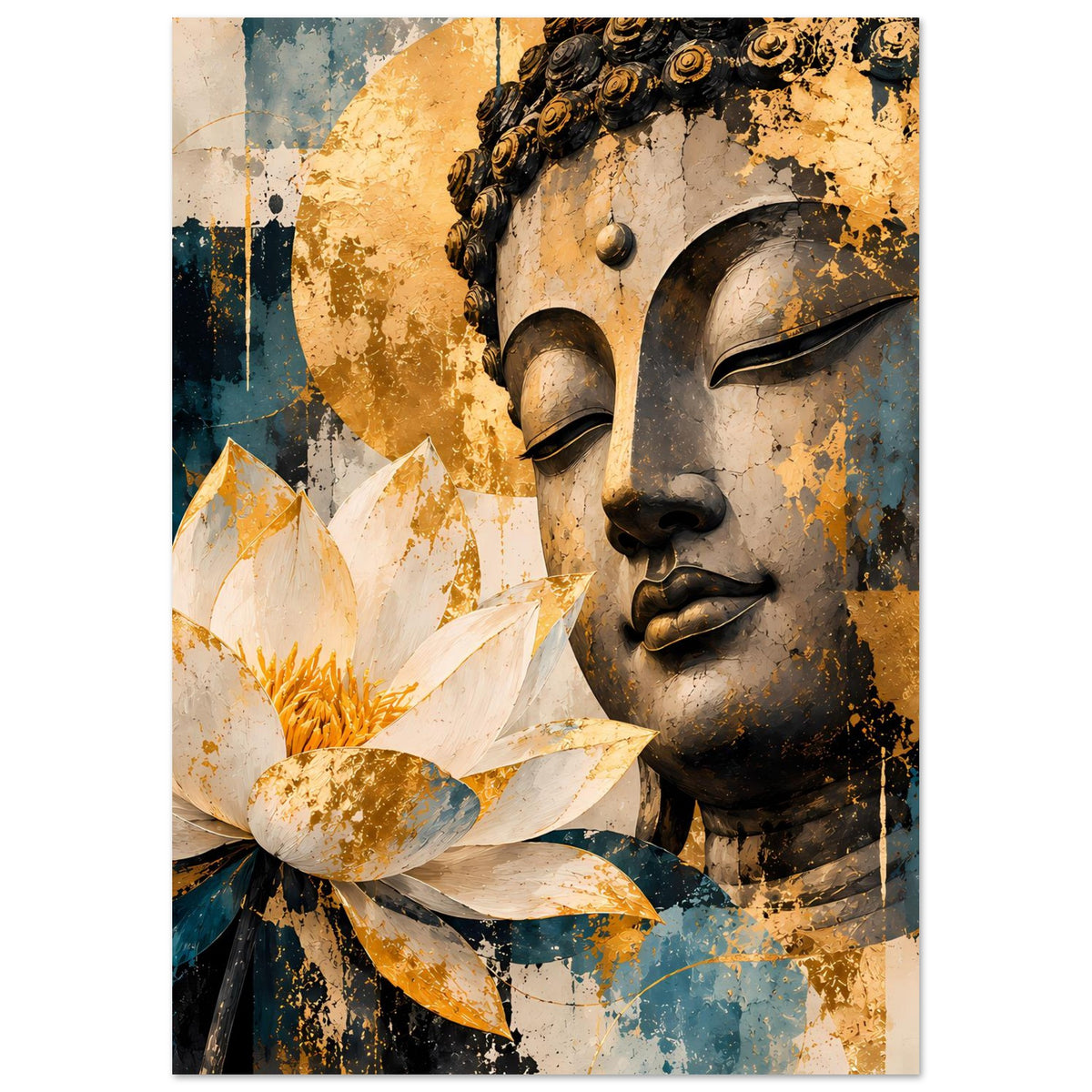Vertikales Buddha-Poster mit Lotusblüte links und Buddha-Gesicht rechts, goldene und türkisfarbene Spritzer