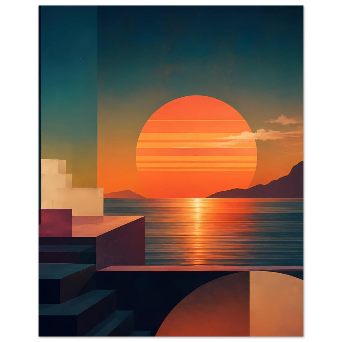 Kunstposter: orangefarbener Sonnenkreis über Wasser, Küstenlandschaft mit Blockformen links