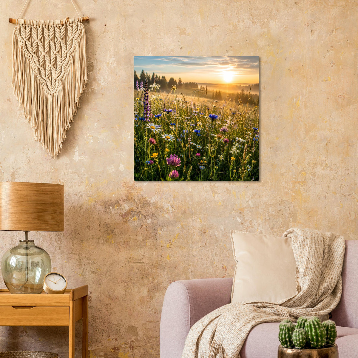 Poster mit Wildblumenwiese und aufgehender Sonne über dem Feld, quadratisch gerahmt