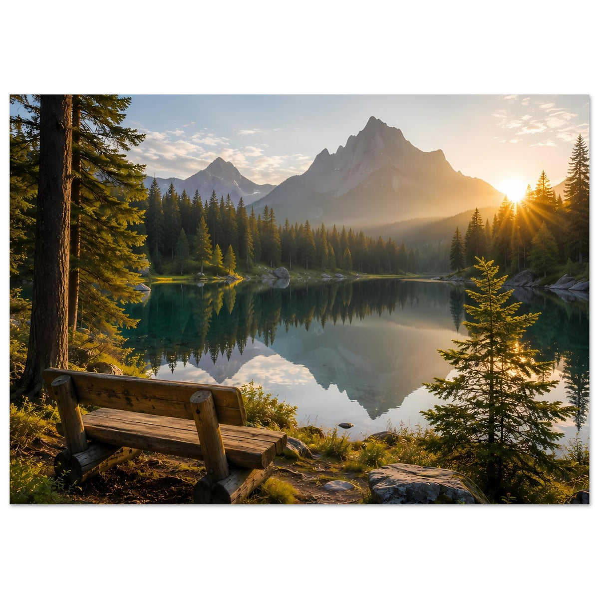 Poster mit Bergpanorama, stiller Seefläche und Sonnenaufgang, vorderseitiger Holzbank im Wald