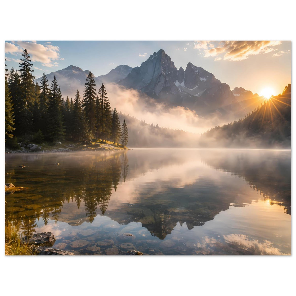 Poster: Berge, See und goldener Sonnenaufgang mit Nebelspiegelung, mattes Premiumpapier