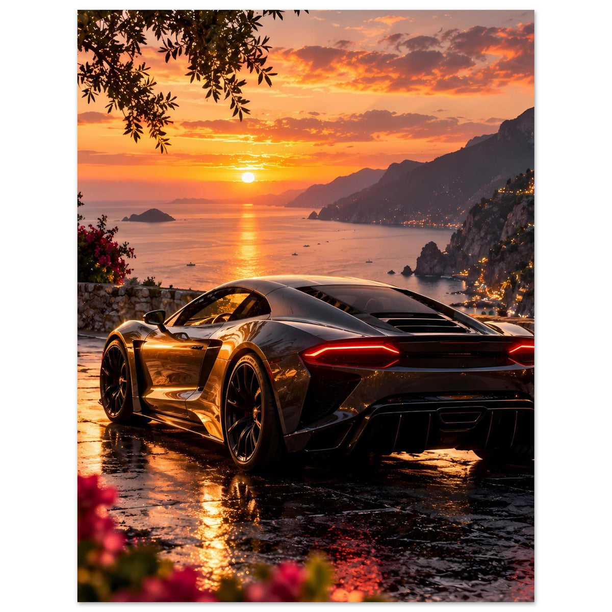 Luxus-Sportwagen-Sonnenuntergangs-Poster, Hochformat: Sonnenuntergang über dem Meer hinter dem Auto