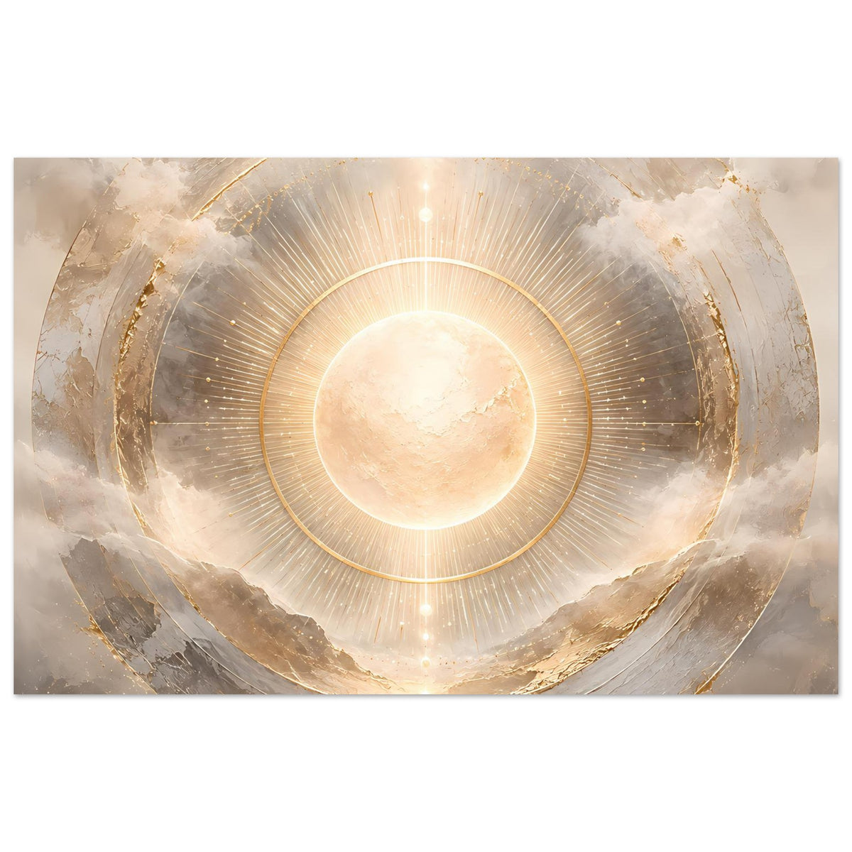 Kosmos-Poster mit großer Sonnenscheibe, goldenen Ringen und radialen Strahlen, horizontal