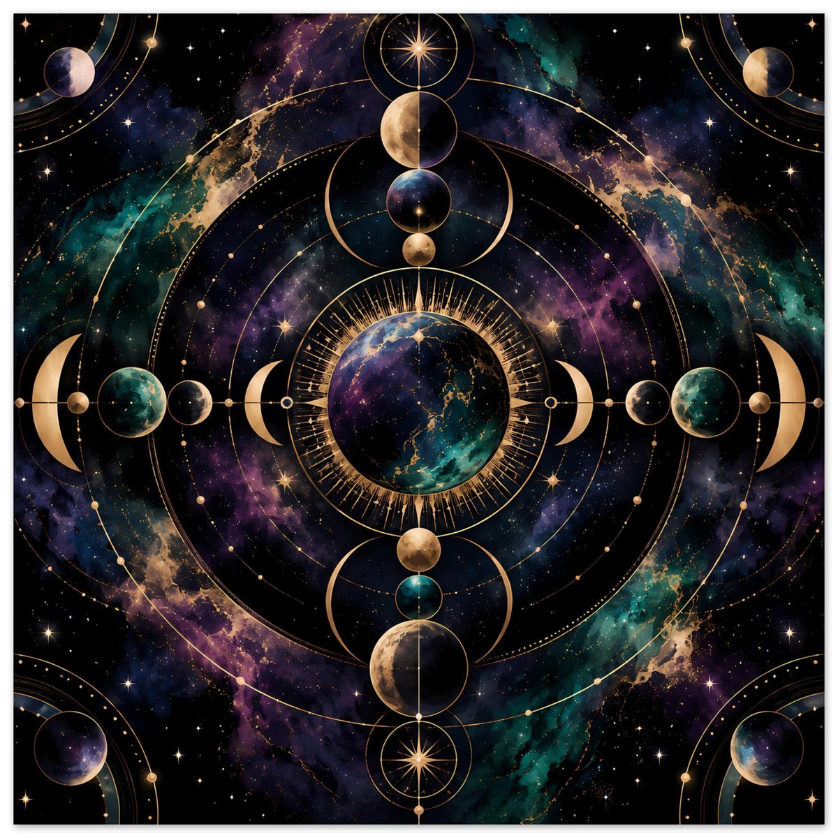 Poster mit kosmischer Mondphasen-Illustration, kreisförmigem Design, goldenen Kreisen und Monden