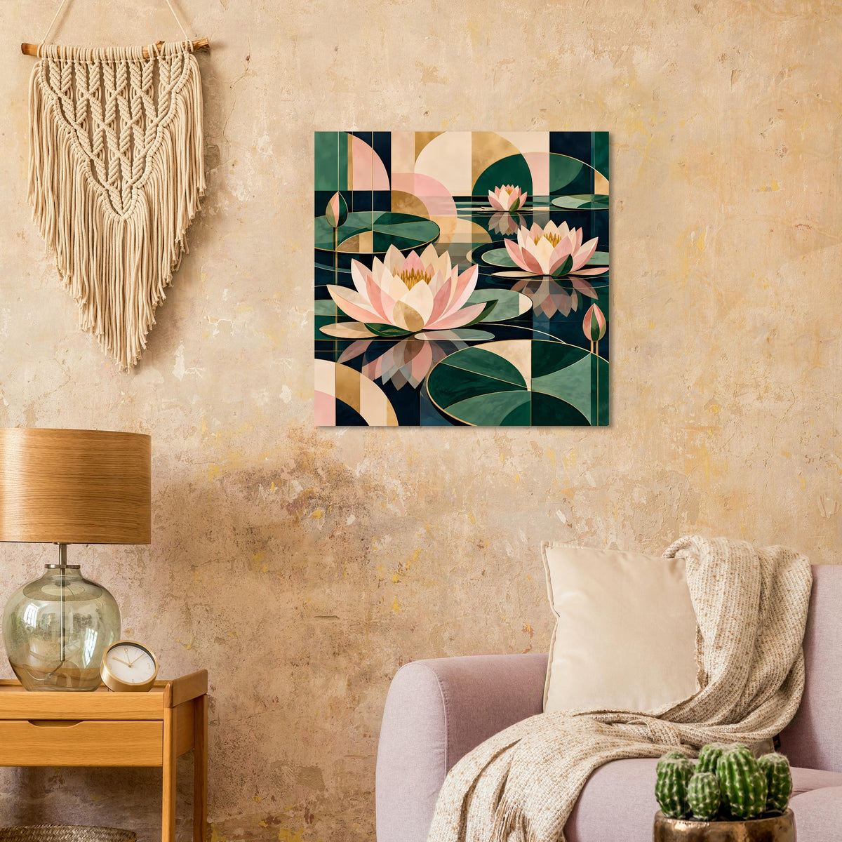 Lotus-Grafik-Poster in Grün- und Rosatönen, quadratisch