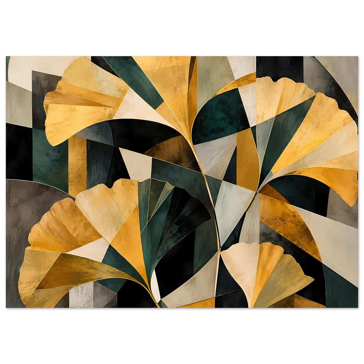 Abstraktes Floral-Poster im Querformat mit goldenen Strukturen, tiefgrünem Hintergrund und Kontrasten