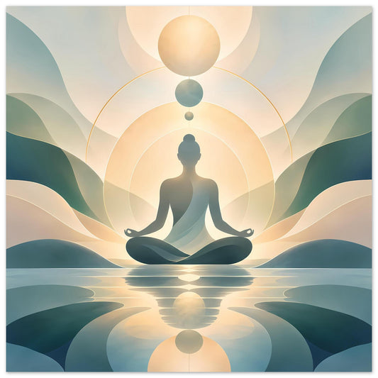 Zen-Poster mit meditierender Frau im Lotussitz, goldener Lichtaura und türkis-creme Wellen