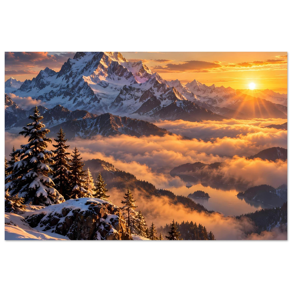 Poster im Querformat mit Berggipfeln, verschneiten Felsen und warmem Licht über Nebelwolken