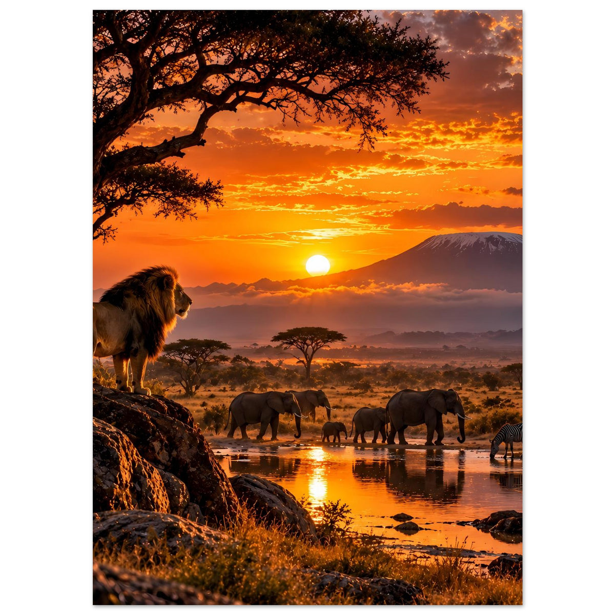 Afrika-Safari-Sonnenuntergangs-Poster, Hochformat: Löwe am Ufer, Elefanten am spiegelnden Wasser