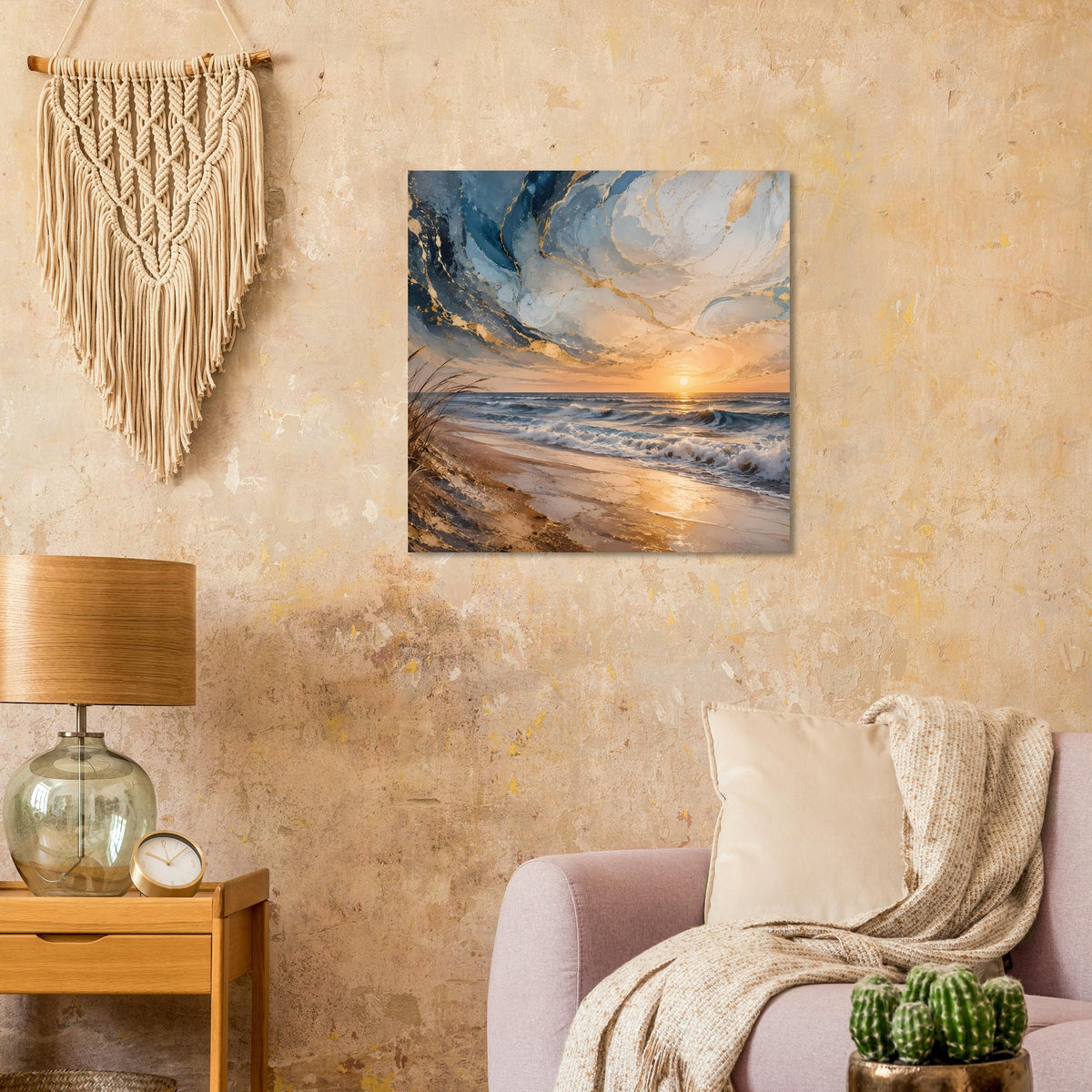 Quadratisches Poster mit Wellen am Strand bei Sonnenuntergang, Holzrahmen